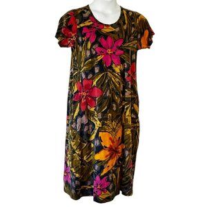 LA CERA Tee Shirt Midi Dress Dark Floral Cotton Knit Scoop Neck Side Pockets   L